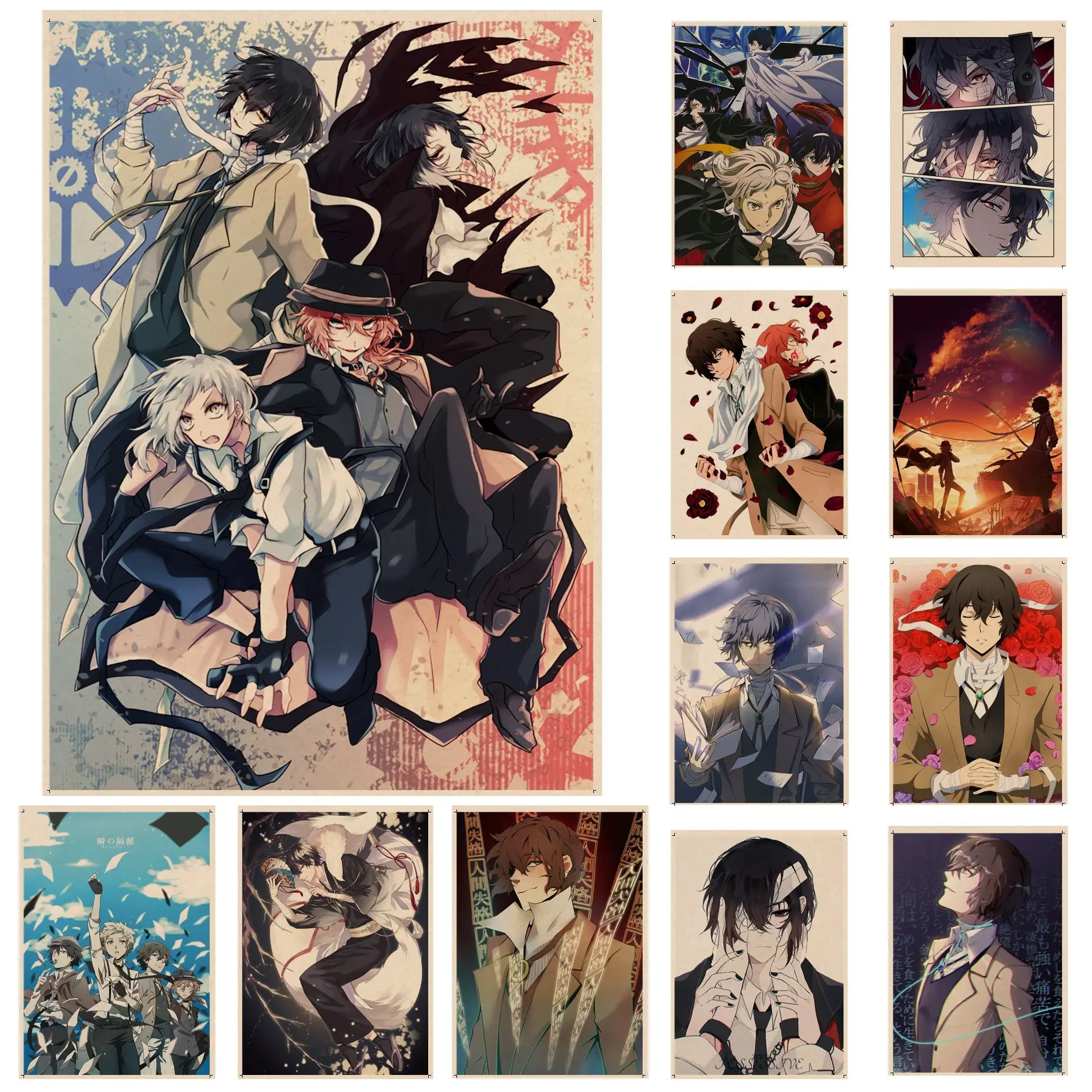 

Anime Jepang Bungou Stray Dogs Retro Kraft Paper Poster Kraft Paper Sticker Home Bar Cafe Aesthetic Art Wall Painting