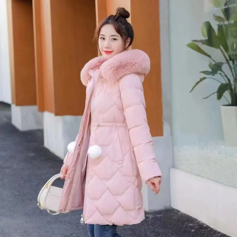New winter Korean version Slim fit Fashion Medium long down cotton jacket Women's warm big fur collar waist closing cotton