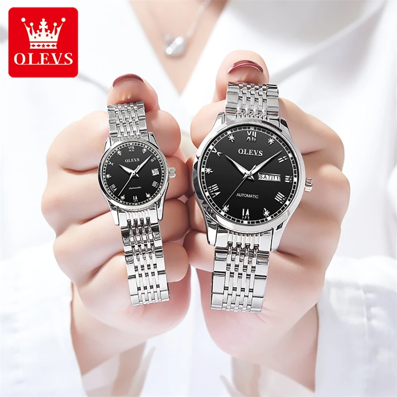 OELVS Brand Couple Watch Luxury Automatic Mechanical Watch Stainless Steel Waterproof Business Clock with Week Date Couple Gift