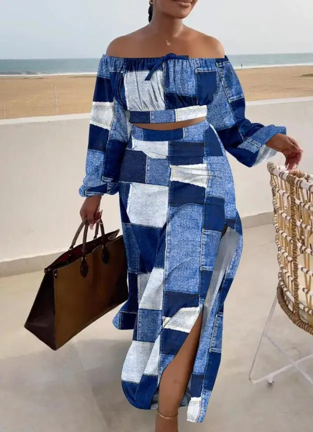 

Женский джинсовый комплект из двух предметов, укороченный топ с открытыми плечами и длинным рукавом и юбка с высокой талией и разрезом, летний сезон 2023