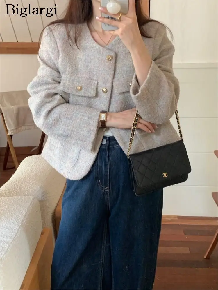 

Autumn Winter Woolen Jackets Coats Women Korean Fashion Long Sleeve Ladies Cropped Jackets Loose Woman Blazer Suit Coats 2023