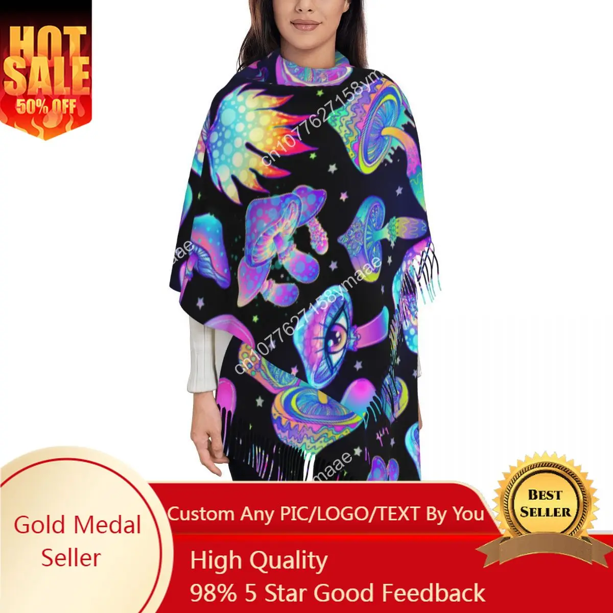 

Magic Mushrooms Shawl Wraps for Women Winter Large Soft Scarf Psychedelic Pashmina Tassel Scarves