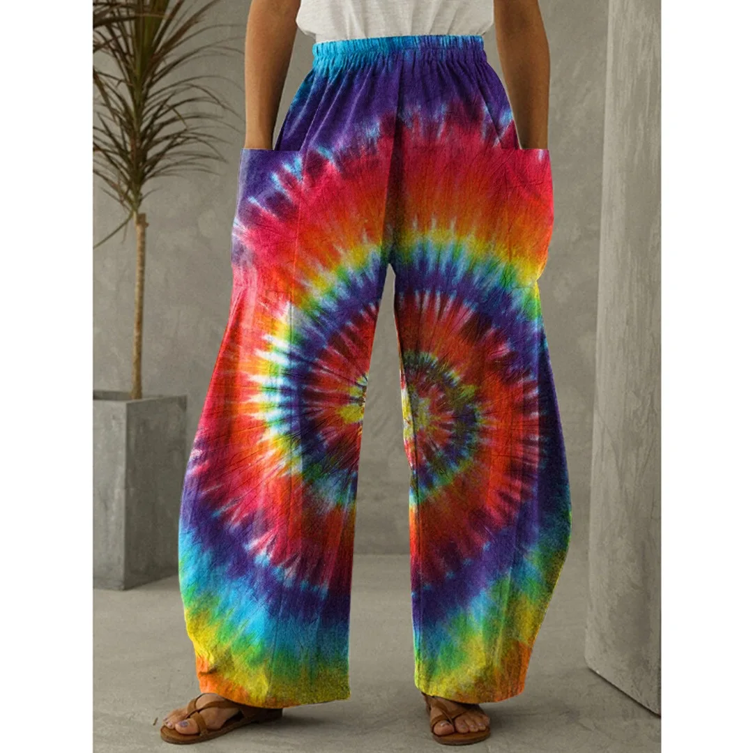 

Rainbow Print Pant Women Fashion Casual Loose Wide-leg Pants High-waist Straight-leg Casual Trouser Pocket Yogo Pants Sportwear