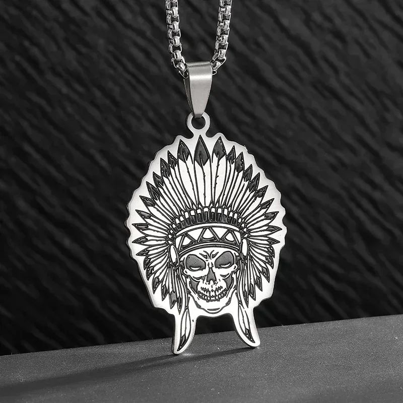 Ожерелье мужское из нержавеющей стали кулон в виде черепа индийского призрака