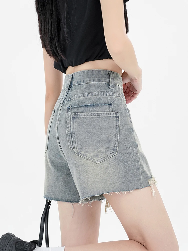 Summer Women High Waist Loose Hole Frayed Denim Shorts Streetwear Female Retro Wide Leg Raw Hem Jeans Shorts Bottoms