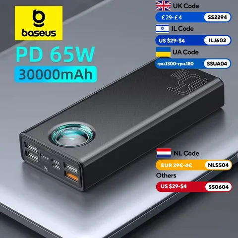 Baseus 65 Вт 30000 мАч Power Bank PD Quick Charge FCP SCP Powerbank Портативное внешнее зарядное устройство для ноутбука, планшета iphone 15 Samsung