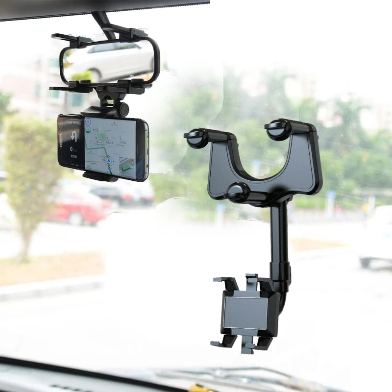 

Retractable Rearview Mirror Flexible Phone Holder for Most Phones Easy to Install Adjustable GPS Mount 360 Rotation