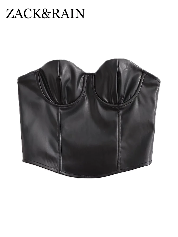 

ZACK RAIN Women Black Faux Leather Bandeau 2022 Summer Ladies Party Top Vintage High Street Zipper Slim Female Chic Short Top