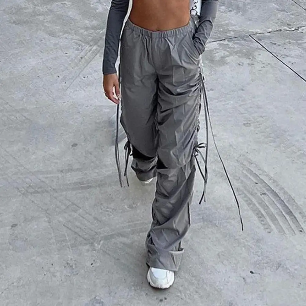 

2023 High Waist Slant Pockets Side Drawstring Shirring Knee Hollow Women Trousers Oversized Straight Wide Leg Casual Cargo Pants