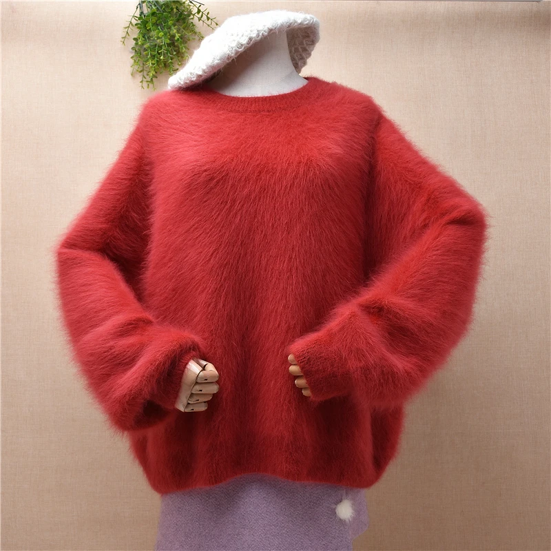 

Fall Winter Female Women Christmas Red hairy Mink Cashmere Knitted O-Neck Long Batwing Sleeves Loose Pullover Angora Fur Sweater