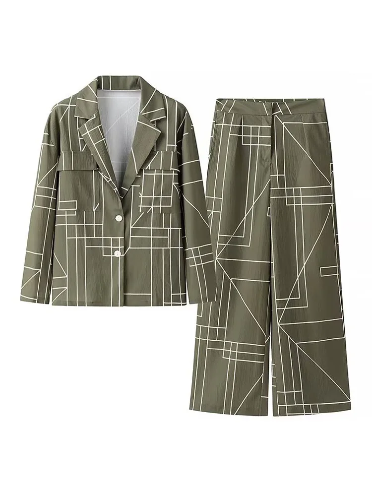 Женский брючный костюм с широкими штанинами и молнией геометрическим принтом