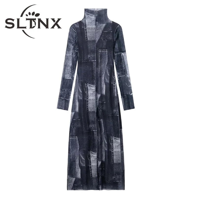 

SLTNX Women's Fashion Patchwork Knitting Midi Dress Vintage High Neck Long Sleeve Female Dresses Mujer