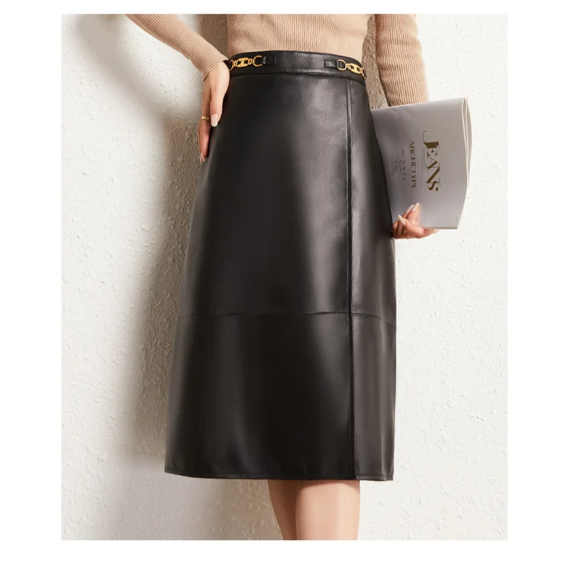 2022 Genuine Leather Skirt Autumn and Winter New High Waist Thin A-line Skirt G1