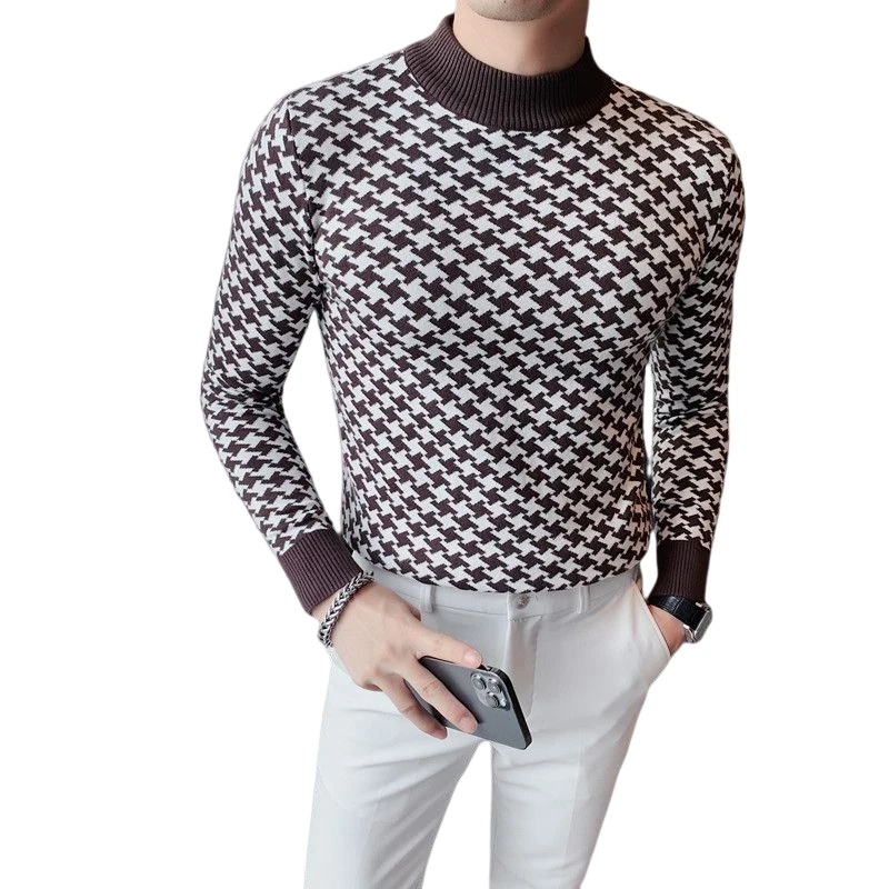 

2023 New Men's Color-Contrast Check Mock Neck Sweater Korean-Style Slim Fit, Mid-Collar, Spring and Autumn. Black (Sizes M-3XL)