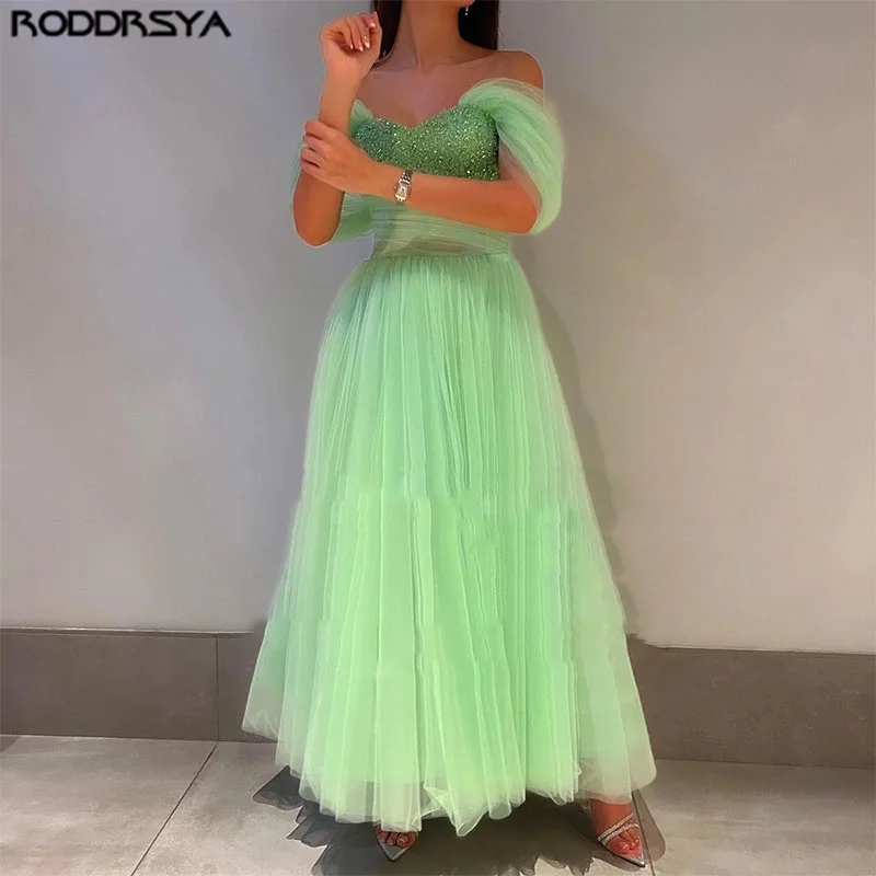 

Green Off the Shoulder Tulle Midi Evening Dresses 2022 Beaded Top Ankle-Length A-Line Party Gowns Formal Prom Gowns For Women