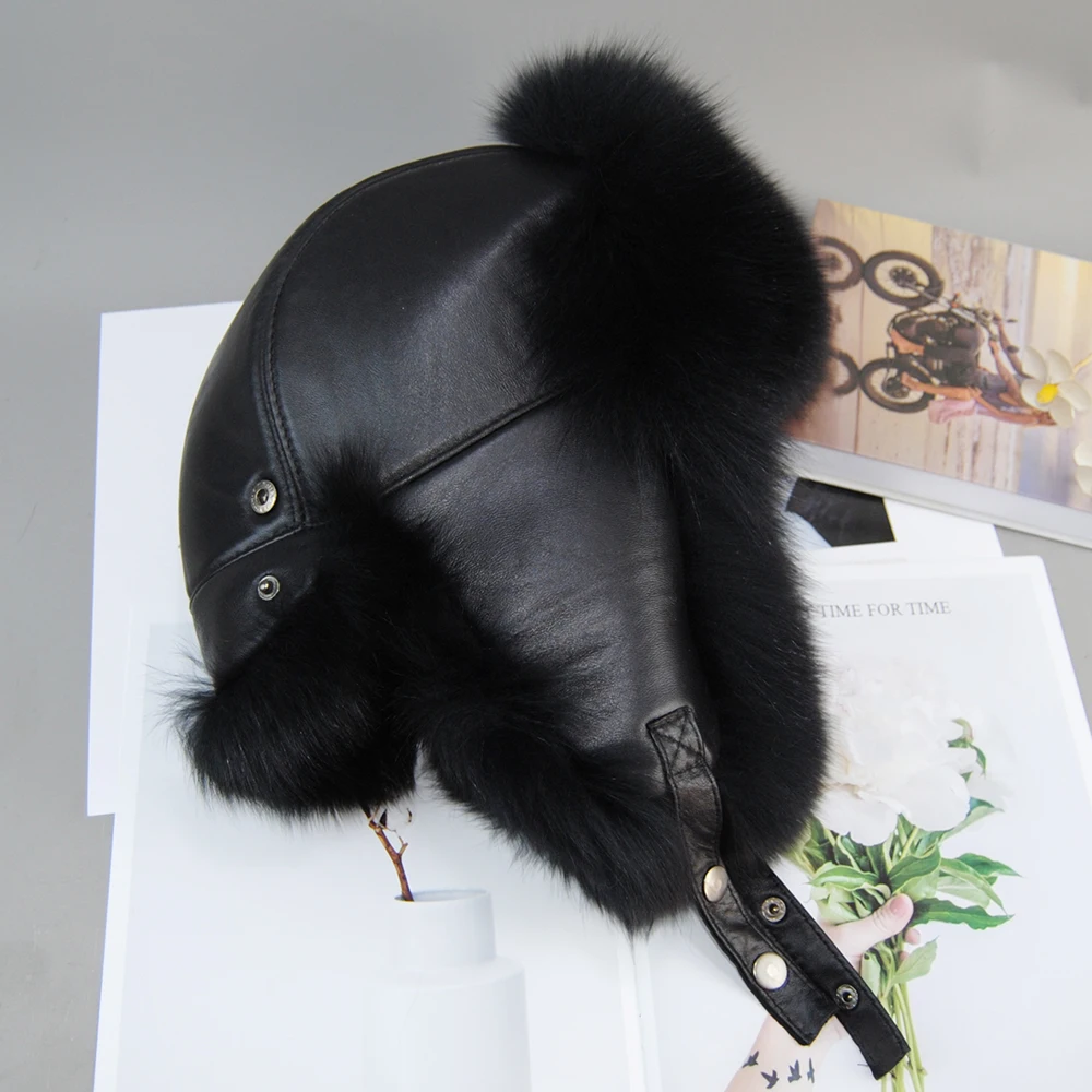 Зимняя мужская шапка-бомбер из лисьего меха