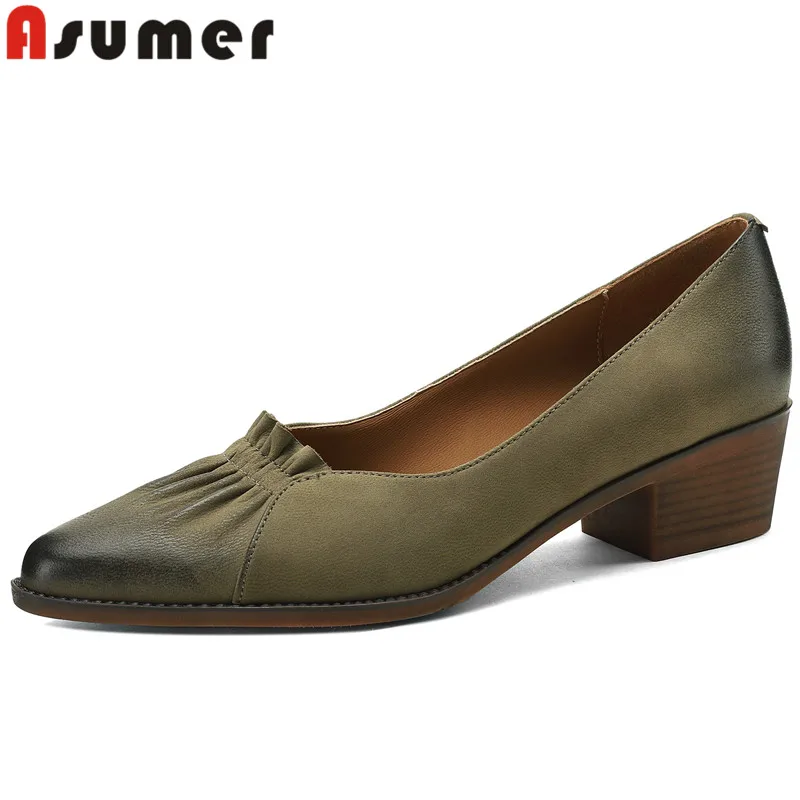 

ASUMER 2023 Size 34-43 New Vintage Sheepskin Shoes Woman Shallow Square Med Heels Pumps Slip On Ladies Pleated Dress Shoes
