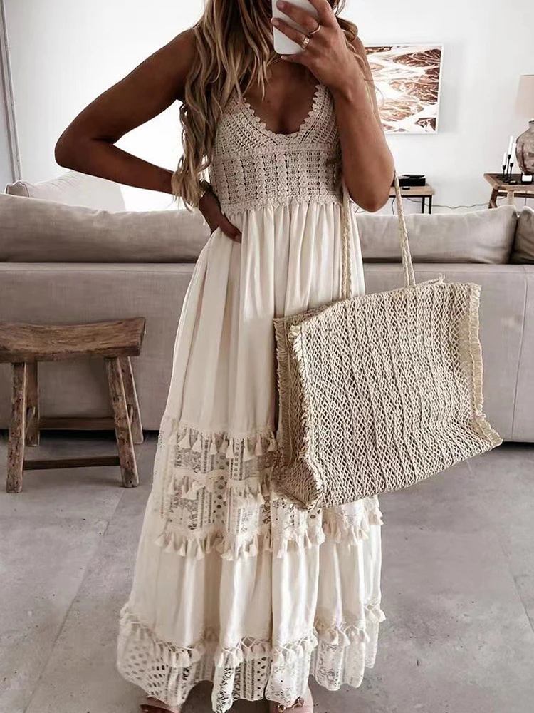 

Casual High Waist Slim Dress Summer New Lace Long Dress Women Sexy Deep V-Neck Strap Off-the-Shoulder Solid Beach Dress Vestidos