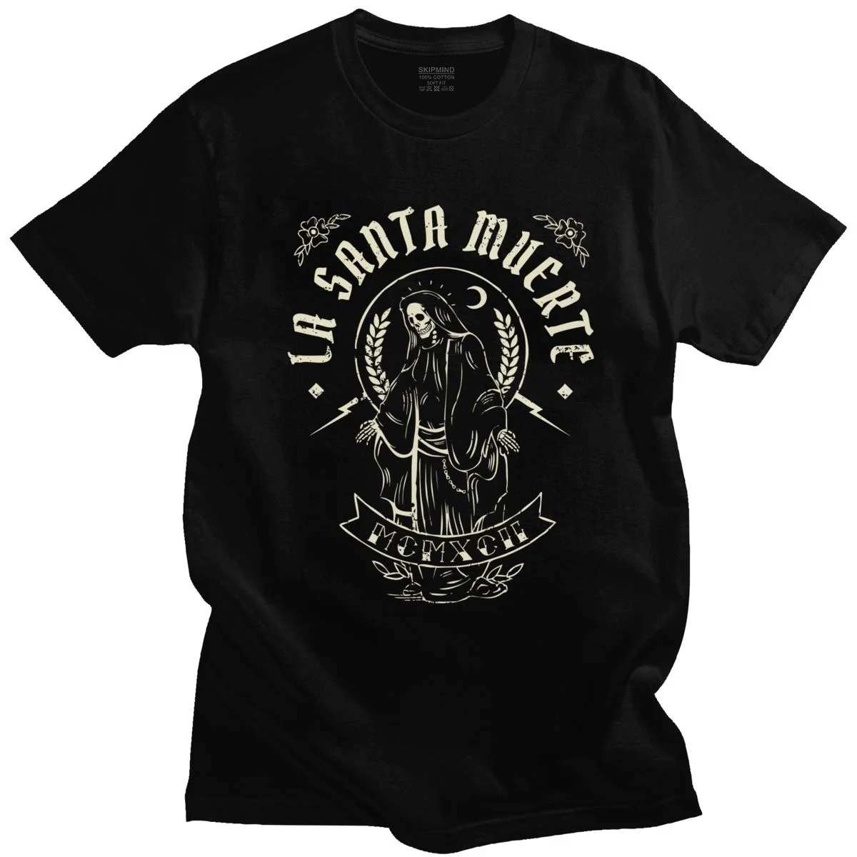 

Fashion Retro La Santa Muerte T Shirt for Men Short Sleeved Gothic Mexican Day of the Dead Skull Casual Tshirt Cotton Tee Gift