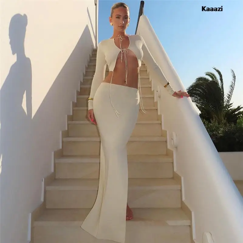 

KAAAZI Long Sleeve Lace Up Crop Top Sexy Cardigan Slim Suit Split Skirt For Women Two Piece Set Evening Gown Fashion Vestido