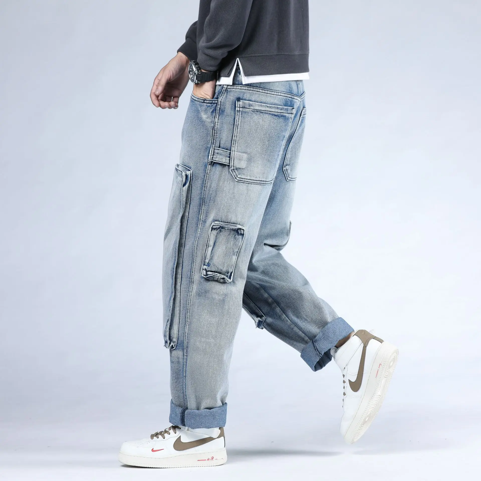 Trend Autumn New Baggy Jeans Hip Hop Skateboard Pants Straight Full Length Solid Color Denim Pants Streetwear Mens Loose Jeans