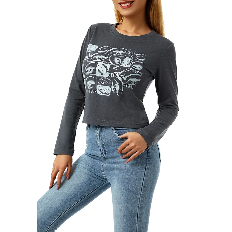 

Women Clothing Casual Polyester Long-sleeved Tops Unique Print Leaky Belly Button Female T-shirts 3 Sizes