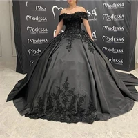 gothic black wedding dresses ball gown off the shoulder short sleeve beading lace corset back vestidos de novia bridal gowns