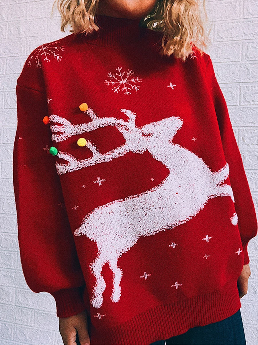 

Women Christmas Sweater Turtleneck Long Sleeve Deer Snow Pullover Sweater Winter Fall Kintted Pullovers Xmas Tops