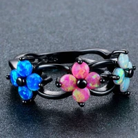 milangirl 3 colors 4 pentals flower shaped fire opal ring hollow black color branch ring for women wedding engagement jewelry