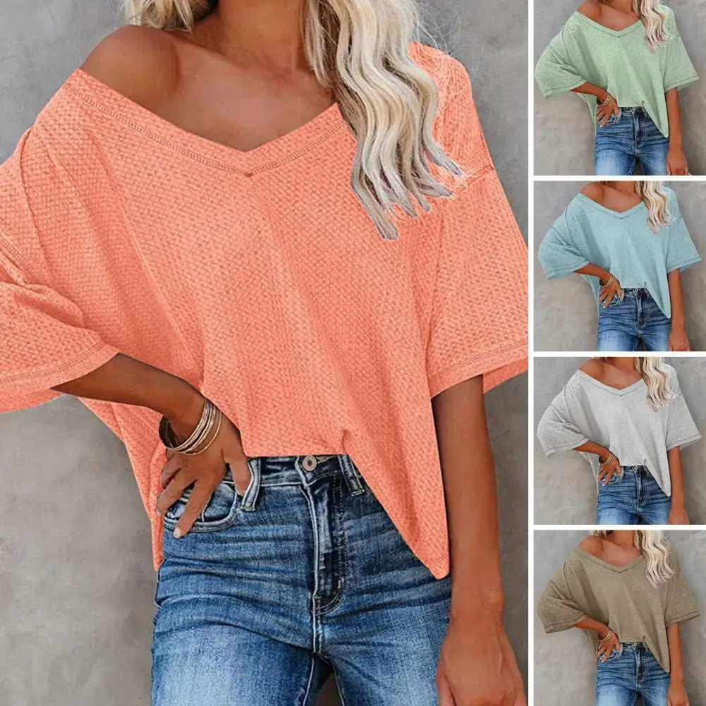 

V-neck Batwing Short Sleeve Women Tops Waffle Texture Arc Hem Summer Loose T-shirt Streetwear Breathable Knitted Pullover Tees