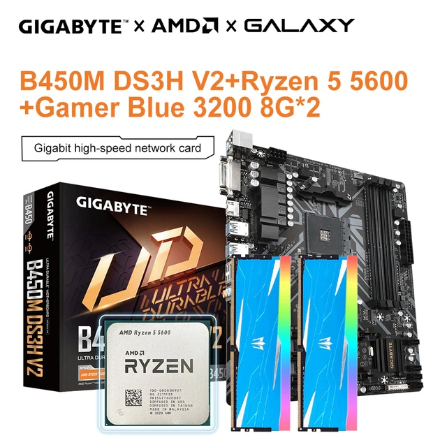 Gigabyte New B450M DS3H V2 Motherboard + AMD New Ryzen 5 5600 R5 5600 CPU Processor Socket AM4 + GALAXY 8G 3200 8G*2 RAM mATX 1
