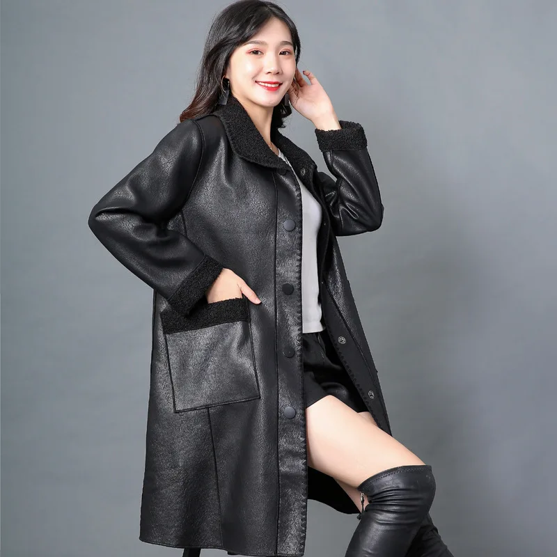 Autumn Winter Oversized Long Soft Faux Leather Coat Lambsw Collar Women Long Sleeve Buttons Elegant PU Jacket Female Clothing
