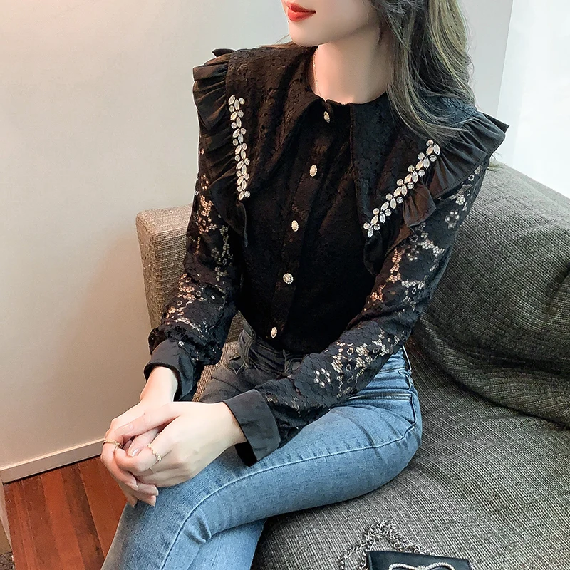 Блузка женская с длинным рукавом Офисная рубашка бисером белый цвет весна |