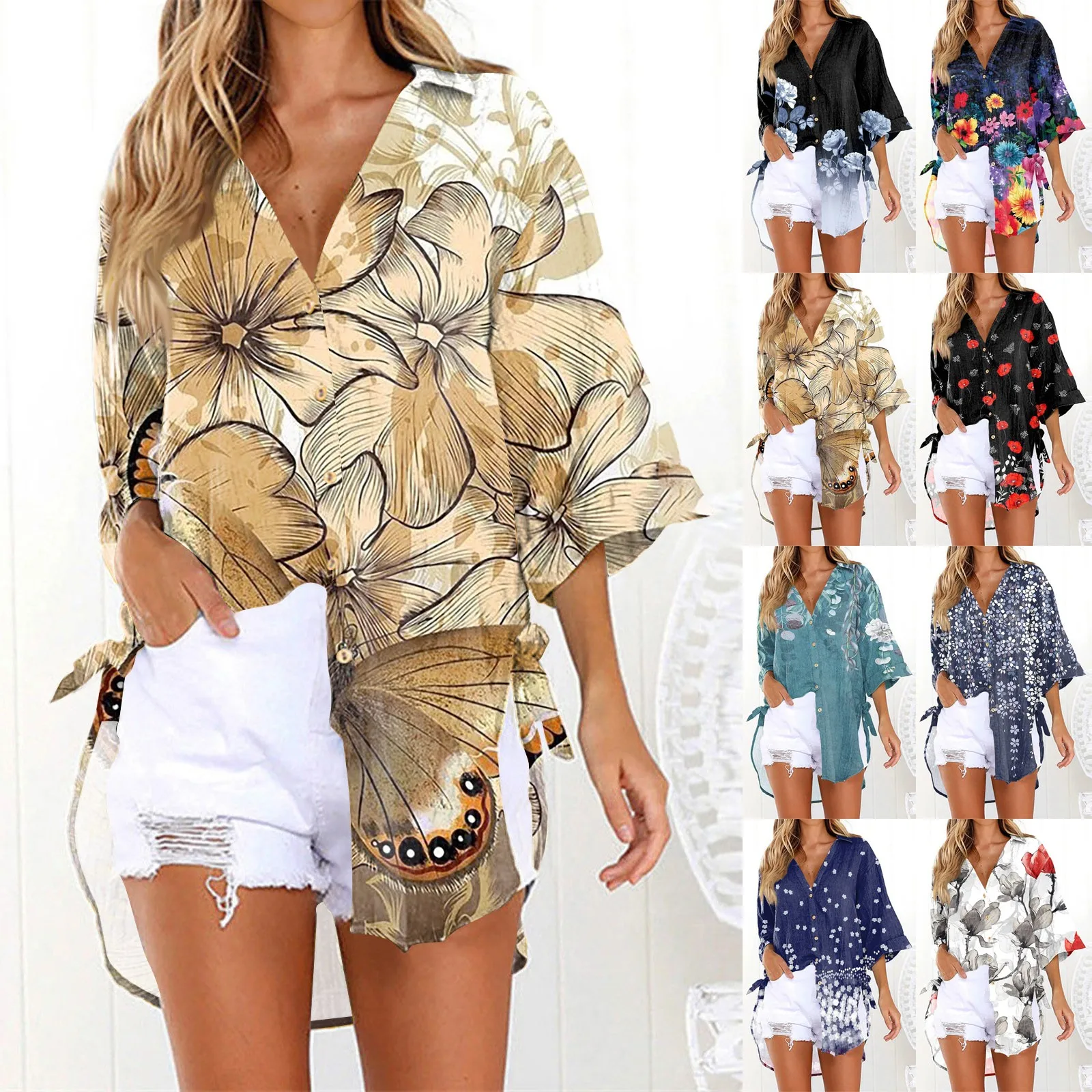 

Casual Loose Women Shirts Fashion Plus Size Blouse Printing 3/4 Sleeve Buttons Shirt Women Tops Ropa De Mujer топ женский