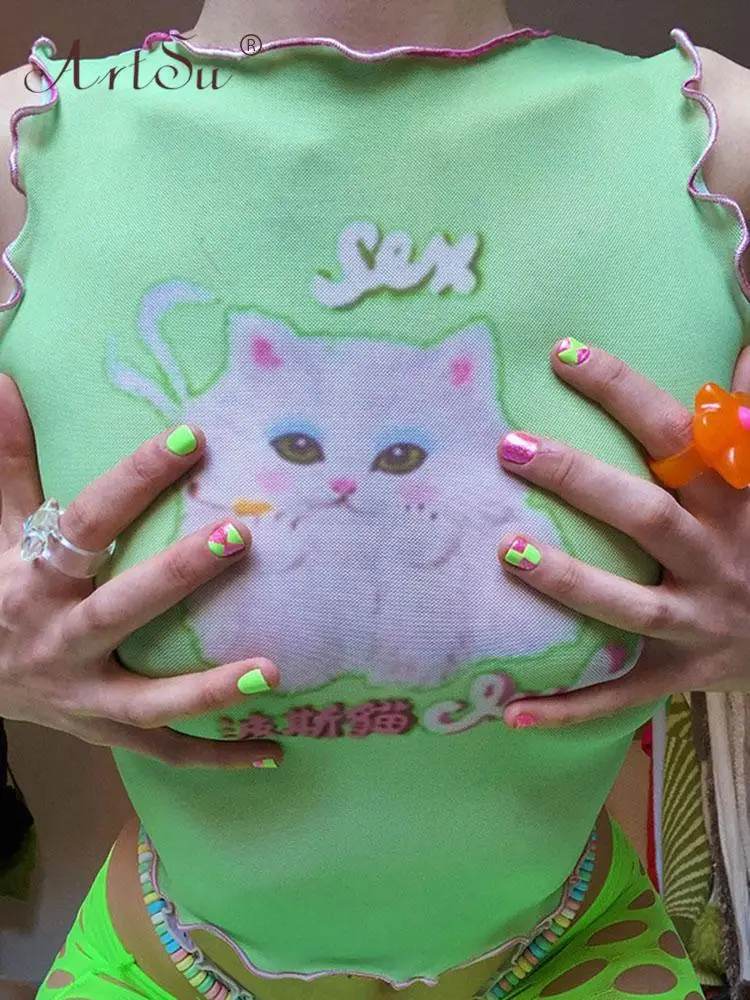 

Уличная одежда ArtSu Kawaii Y2K с принтом кошки, без рукавов, зеленые сетчатые майки, милые Ретро Лоскутные Жилеты с отделкой салата ANDVE731