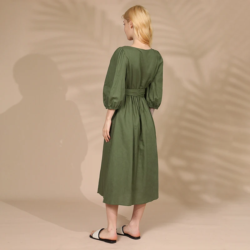Элегантное женское платье из хлопка и льна сексуальные платья с V-образным