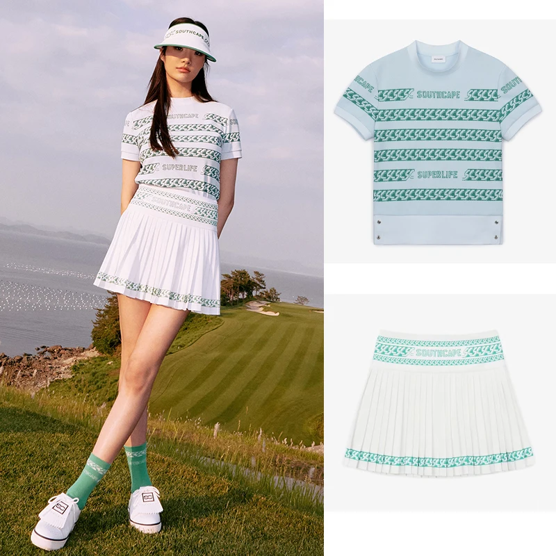 

Korean Golf Apparel Women's Summer Elastic Round Neck Printed Top Short Sleeve T-shirt and Pleated Short Skirt