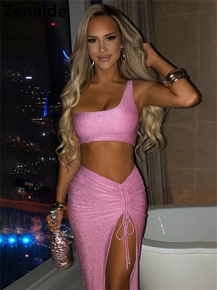 

Zenaide 2022 Summer Pink Glitter Sexy Dress Suit Crop Top And Skirts Two Piece Set Women Y2K Party Club Outfits