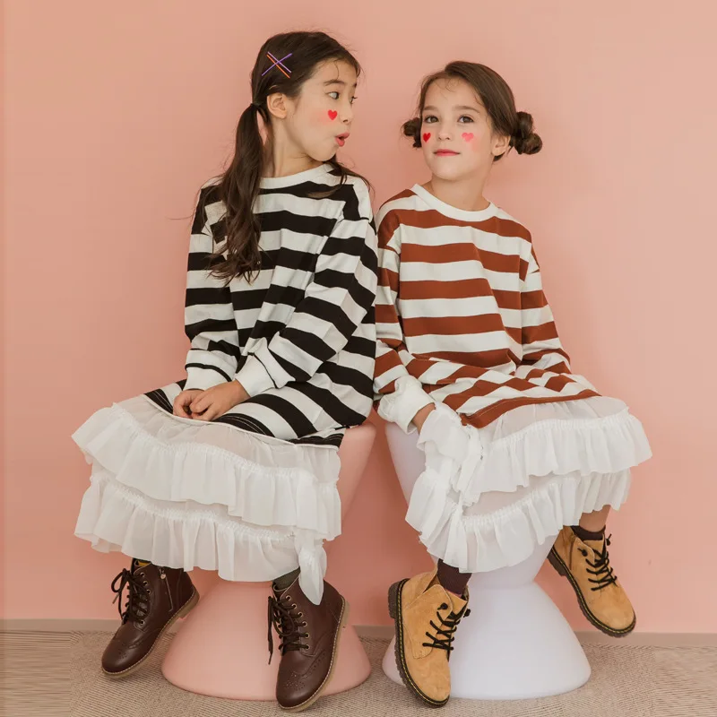 

2020 Fall New Children Striped Dress Korean Mommy and Me Clothes Mesh Patchwork Dress Kids Dresses for Girls Cotton, #9124