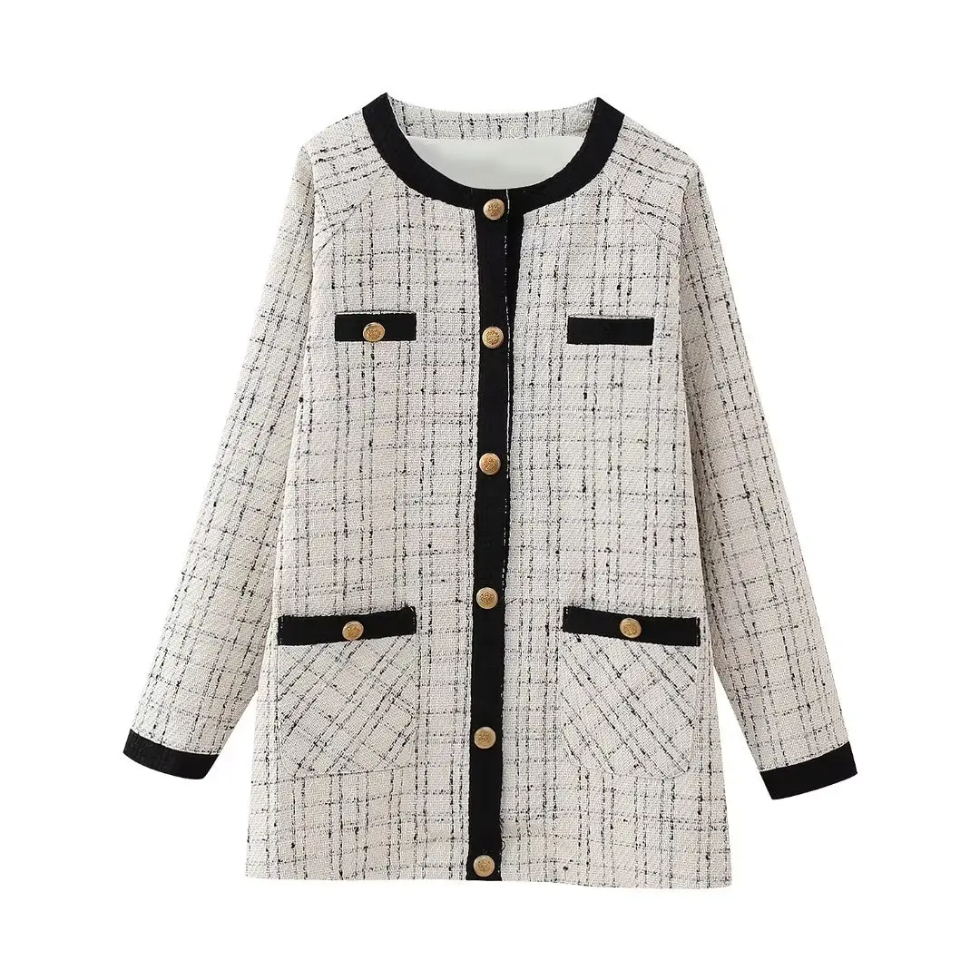 

Women New Fashion With pockets Contrasting Warm Tweed Check Coat Vintage Long Sleeve Button-up Female Outerwear Chic Overshirt