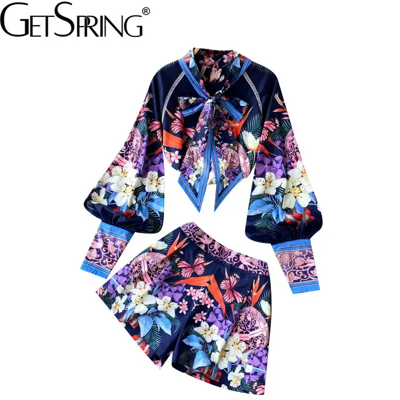 

Getspring New 2022 Spring Summer Women's Shirt Shorts Set High Waist Wide Leg Shorts Fashion Flower Floral Printed Two-piece Set