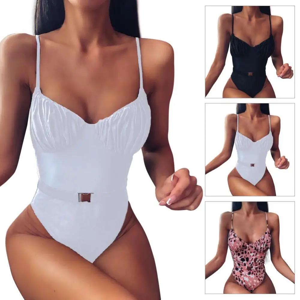 

Bikini Women Solid Color Summer Swimwear Swimsuit Leopard One Piece with Belt