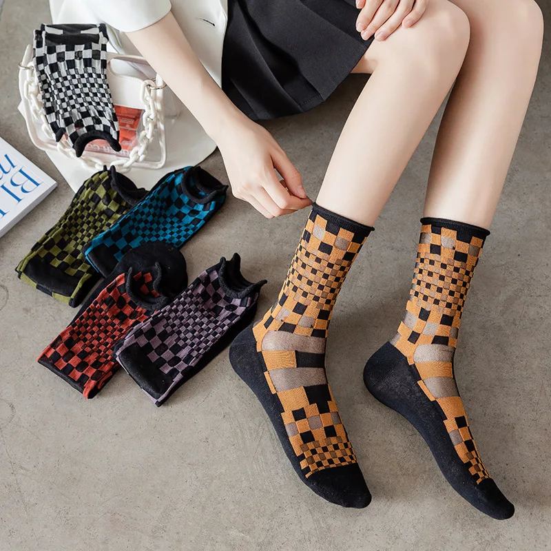 New card silk women's socks retro checkerboard fashion personality trend breathable glass silk tube socks