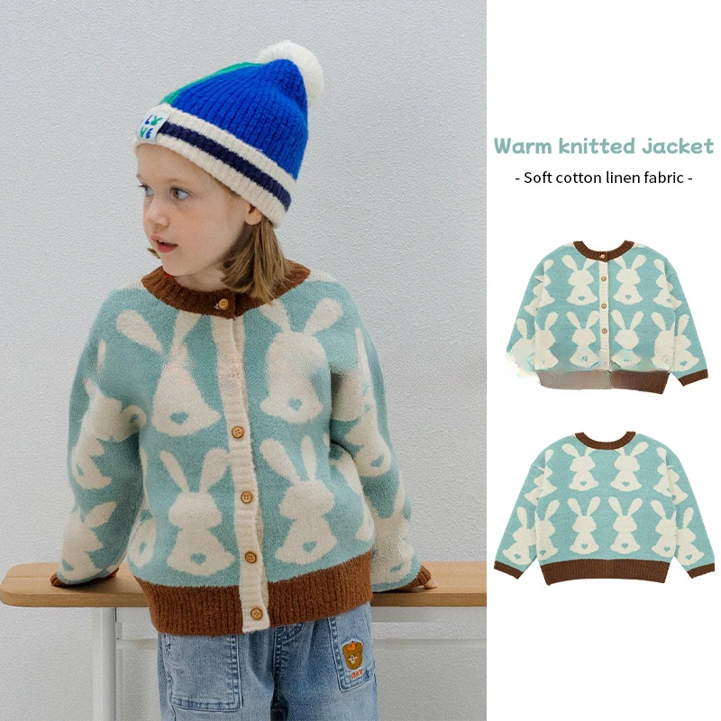 

PS Brand Girls Sweater 2023 Children's Warm Sweater Korean Baby Winter Blue Rabbit Knitted Cardigan 가디건