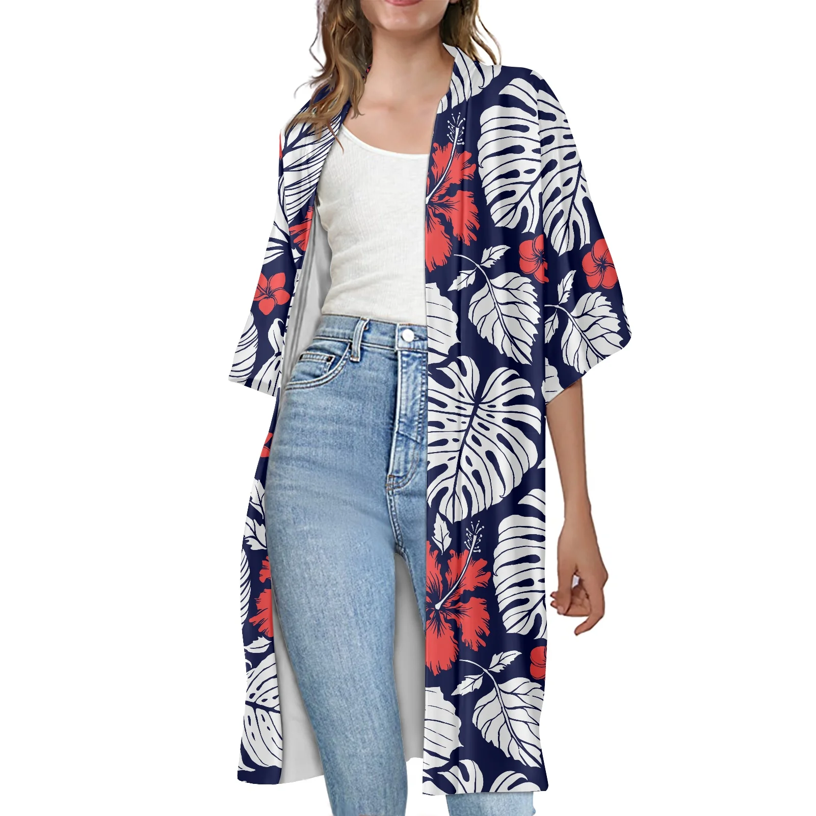 

Tribal Blue and Red Hibiscus Flower 2022 Fashion Casual Spring Womens Trench Coat with Floral Print Polynesian Kimono Cardigan