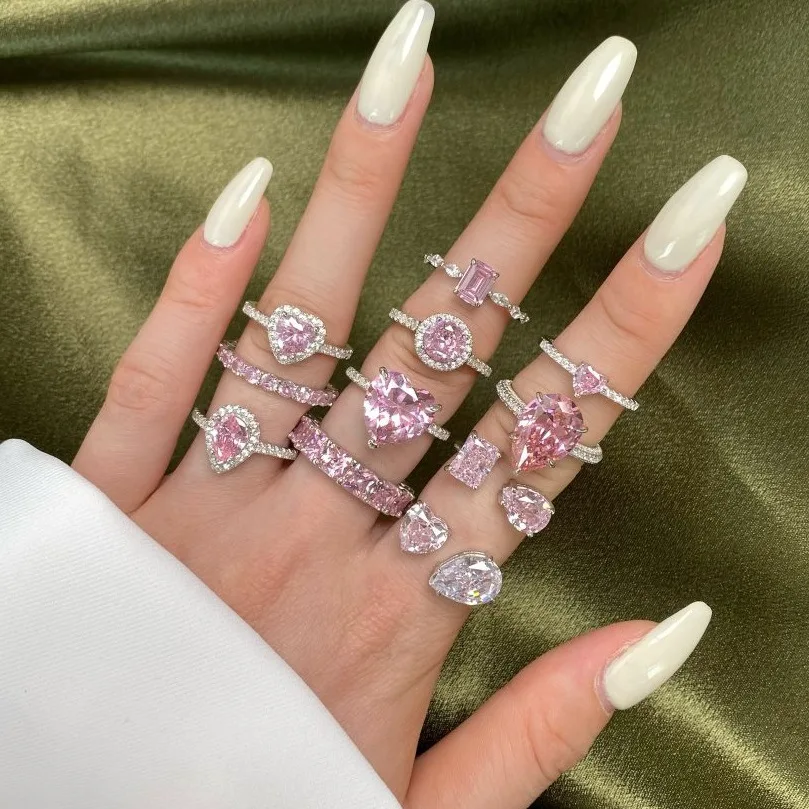 

S925 Silver Wedding Ring Woman Inlaid Water Drop Love Zircon Ring Pink Diamond Ring Fashion Minimalist Can Be Wholesale