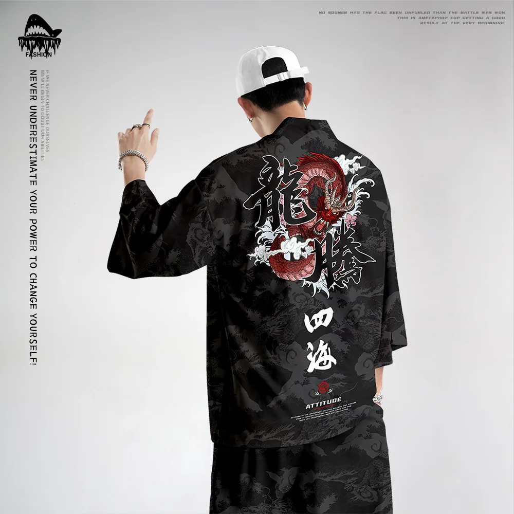 

Vintage Asian Style Kimono For Adult Men Japanese Streetwear Harajuku Dragon Print T Shirt Casual Top Pants Set Plus Size 6XL