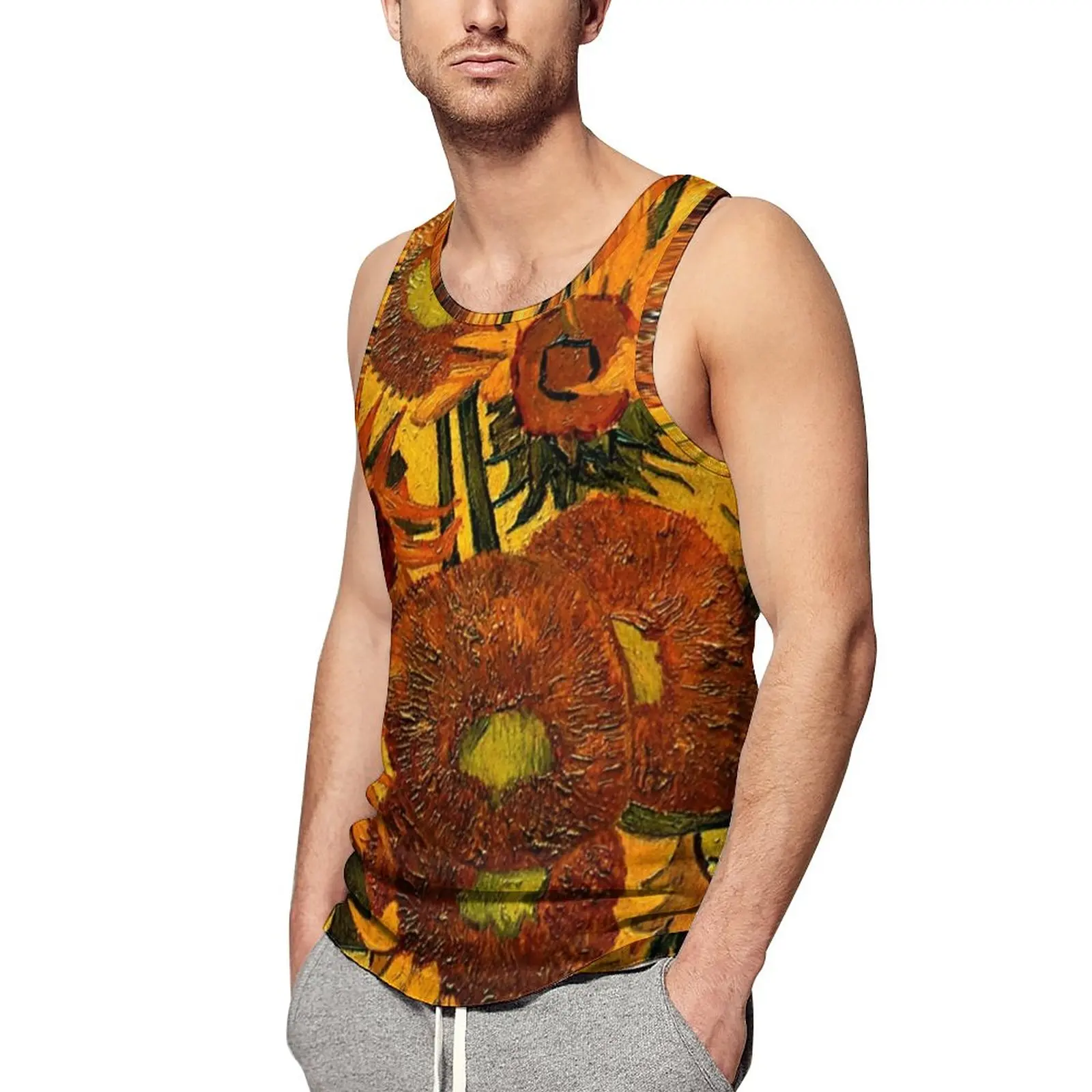

Van Gogh Tank Top Male Vase With Sunflowers Bodybuilding Oversized Tops Daily Muscle Printed Sleeveless Vests