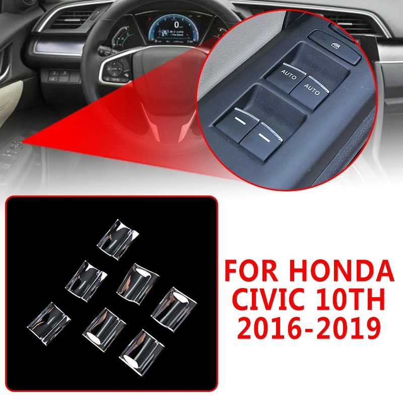 

pcmos 7Pcs Chrome Inner Window Lift Switch Sequin Cover For Honda Civic 10th 2016-2019 Interior Mouldings Sticker Accessories