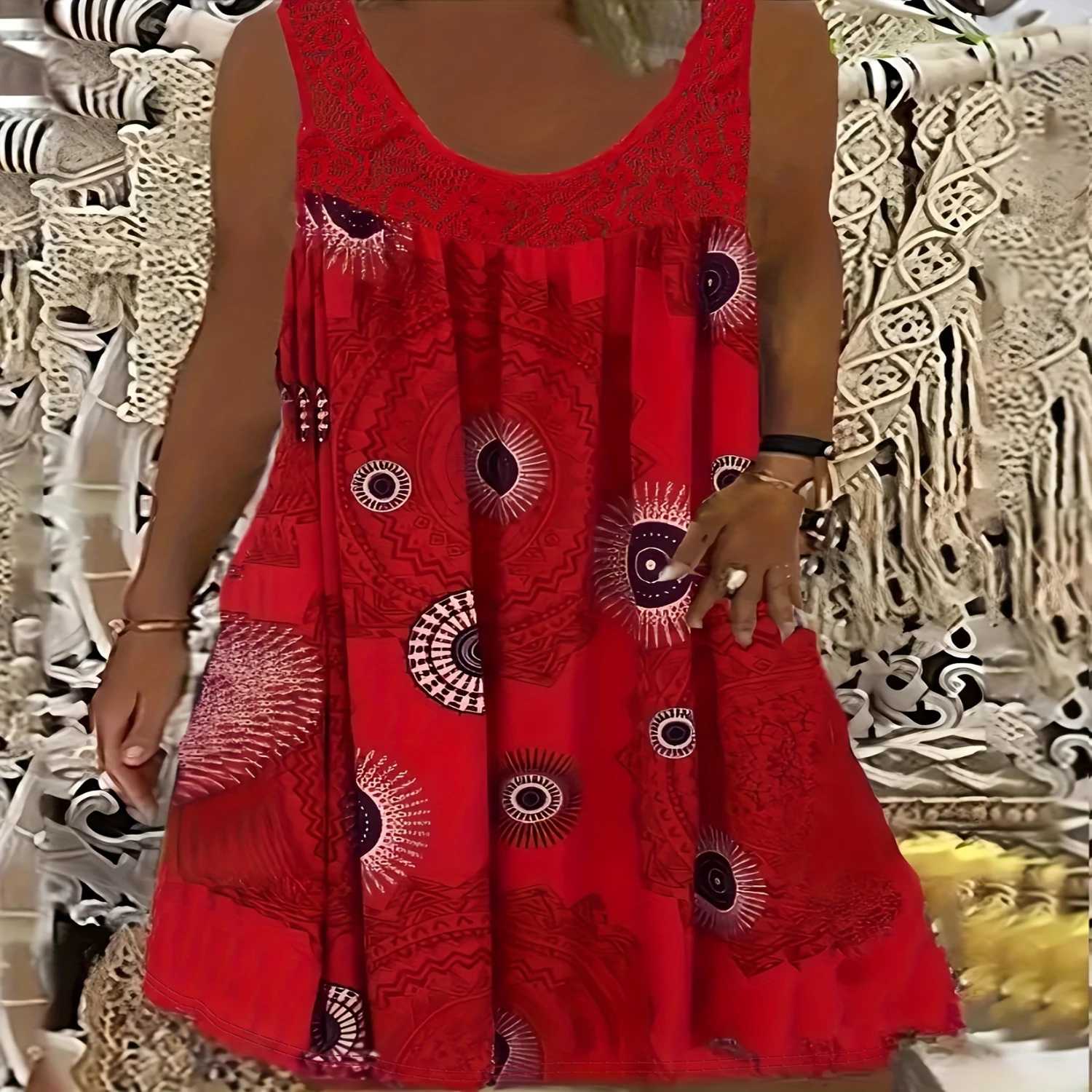 Plus Size Eyelet-Embroidered Tank Dress - Sleeveless Geometric Print Vacation-Ready with Contrast Lace All-Season Comfort